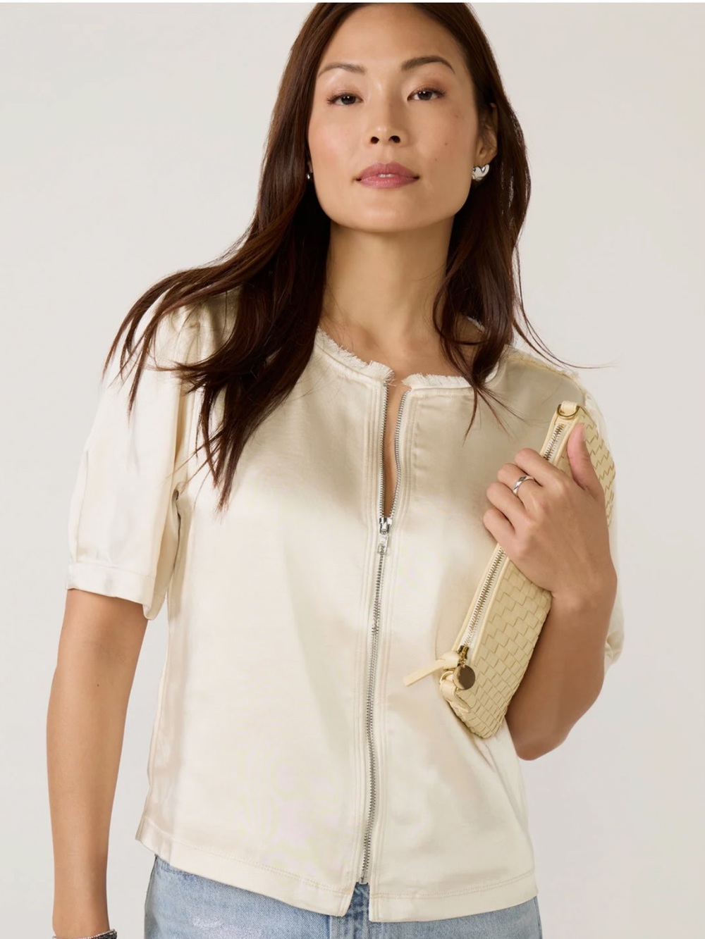NWT MELISSA NEPTON Ivory Tilly Satin Zip-Up Top